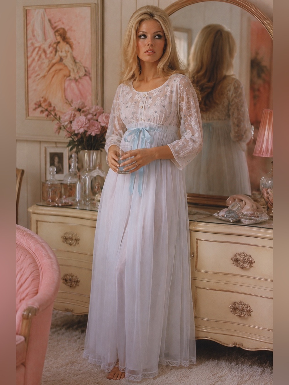 Vintage 1960s Miss Elaine Peignoir Set Sz P Petite White Blue Nylon Robe Gown